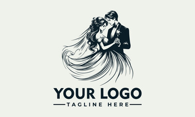 Elegant vector logo of a bride and groom in formal attire, embracing and dancing.