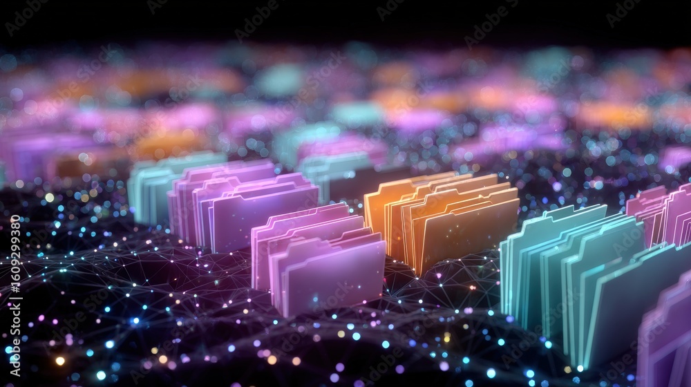 Poster abstract network grid with files and folders, futuristic software interface, digital document manage