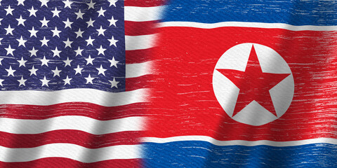 Distressed USA flag stars and stripes and North Korea flag background