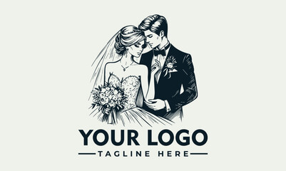 Elegant hand-drawn logo depicting a bride and groom embracing, symbolizing love and matrimony.
