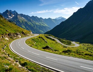Naklejka premium Scenic alpine roadway curves through verdant hillsides beneath a majestic mountain range