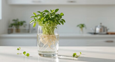Green leafy plant with visible roots in a glass of water on a white surface in a bright kitchen