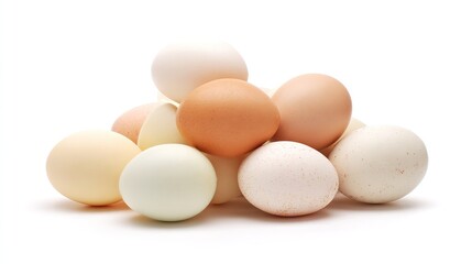A pile of eggs on a white background, captured in high resolution with professional color grading, clean sharp focus, high-key lighting, and full details for clear visual presentation.