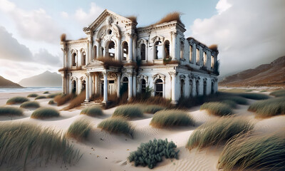Geisterhaus in der Wüste, alte Ruine, gelb und beige, der Sand kriecht in die Räume , lost place