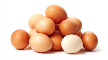 A pile of eggs on a white background, captured in high resolution with professional color grading, clean sharp focus, high-key lighting, and full details for clear visual presentation.