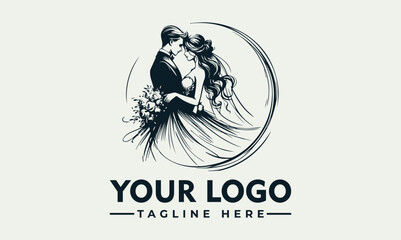 Elegant logo depicting a bride and groom embracing within a circular design, symbolizing love and commitment.