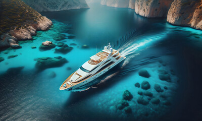 Eine Motoryacht auf strahlend blauem Meer aus der Vogelperspektive, von oben