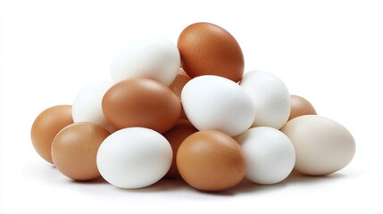 A pile of eggs on a white background, captured in high resolution with professional color grading, clean sharp focus, high-key lighting, and full details for clear visual presentation.
