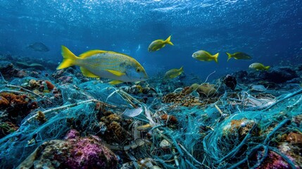 Fototapeta premium Ocean's Cry: Yellow Fish Amidst Plastic Pollution