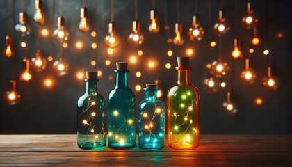 Bunte Flaschen mit Lichterkette, glitzernd und funkelnd, Licht-Hintergrund mit Bokeh, copy space DIY, Dekoration
