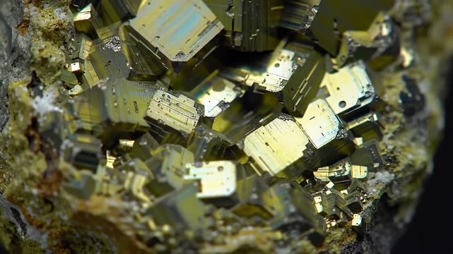 Close-up of pyrite crystals showing square geometric shapes and metallic yellow shine