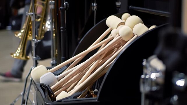 Soft mallets crowd a black case, with trombones in the background, ready for music