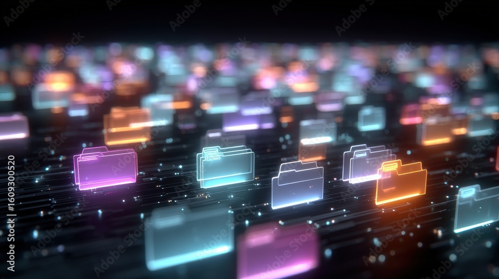 Poster abstract network grid with files and folders, futuristic software interface, digital document manage