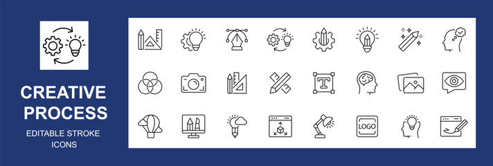 Creative Process Line Icons set. Vector illustration in modern thin line style of design related icons: imagination, tools, areas of creative activity, and more. Editable stroke. Vector illustration 