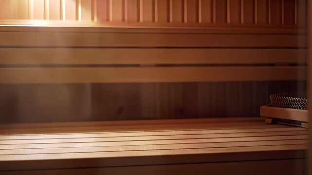 Blurred view of a warm, wooden sauna interior with horizontal planks and bench seats
