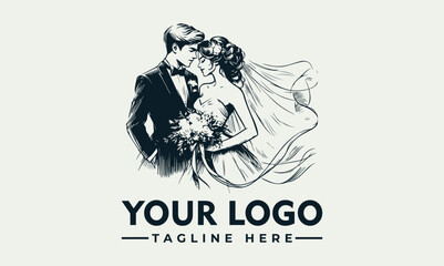 A romantic sketch of a couple embracing on their wedding day, holding flowers.