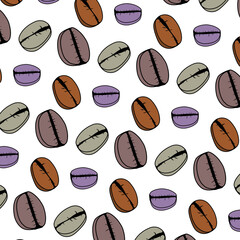 A playful seamless pattern featuring hand-drawn coffee beans in multiple colors including brown, purple, beige, and dark mauve. This doodle-style vector design is ideal for coffee shop branding, cafe 
