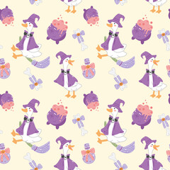 Seamless Halloween pattern with cute witch ducks, cauldrons, potion bottles, bone bows, and brooms.