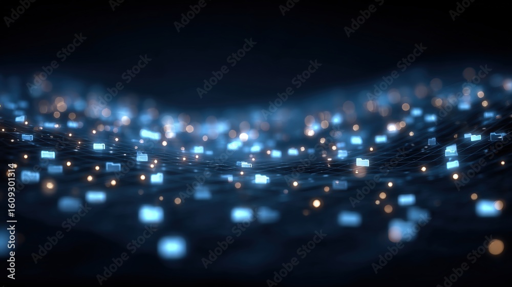 Poster abstract network grid with files and folders, futuristic software interface, digital document manage