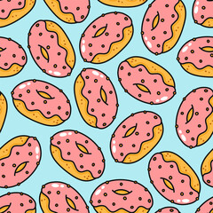 Cute seamless pattern of delicious pink frosted donuts on a light blue background.