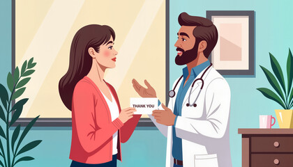 Grateful patient thanking doctor in clinic room, - Concept of International Doctor's Day  