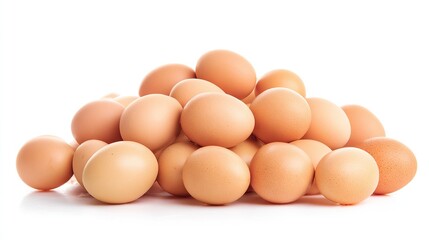 A pile of eggs on a white background, captured in high resolution with professional color grading, clean sharp focus, high-key lighting, and full details for clear visual presentation.