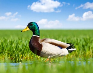 Mallard duck in a grassy field