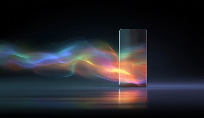 A smartphone with holographic waves of color emerging from its display, against a dark background. The phone is floating in the air and has an elegant design. There's light.