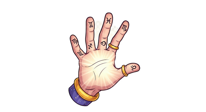 Cartoon hand with zodiac symbols on fingers and gold rings against a black colored background - Powered by Adobe