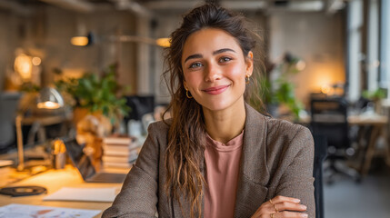 A young indian woman in her early 20s sits at a sleek, modern desk in a tastefully designed office space, framed in a medium close-up shot.