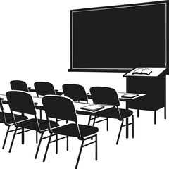 Black and white vector illustration of an empty classroom ready for students