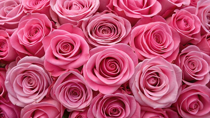 Collection of soft pink roses in different bloom stages creating textured carpet of delicate petals and romantic flower arrangement.