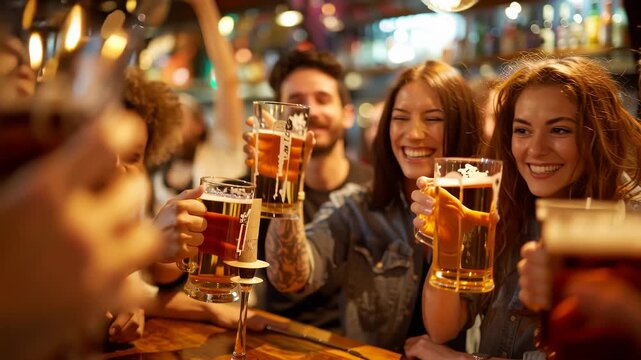 Group of friends drinking and toasting glasses of beer at a brewery pub restaurant- Happy multiracial people enjoying happy hour Friendship concept with young people having fun together  