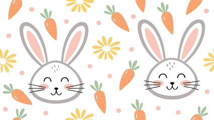 Whimsical watercolor pattern of smiling bunnies carrots and flowers bunny rabbit