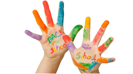 Fototapeta premium Colorful painted child hands with back to school text, messy finger paint on young palms, creative elementary education concept on white background