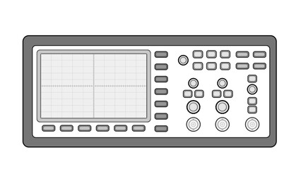 Line drawing showing an oscilloscope with a screen, control buttons, and BNC connections