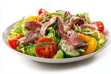 Deliciously crafted salat de boeuf featuring tender beef, fresh vegetables, and a tangy dressing served on a white background for a vibrant culinary presentation