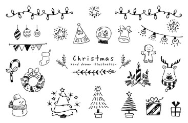 手描きのクリスマスイラストセット　モノクロ