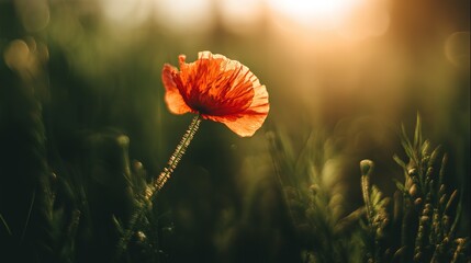 A vibrant red poppy bathed in golden sunset light, symbolizing remembrance and beauty.