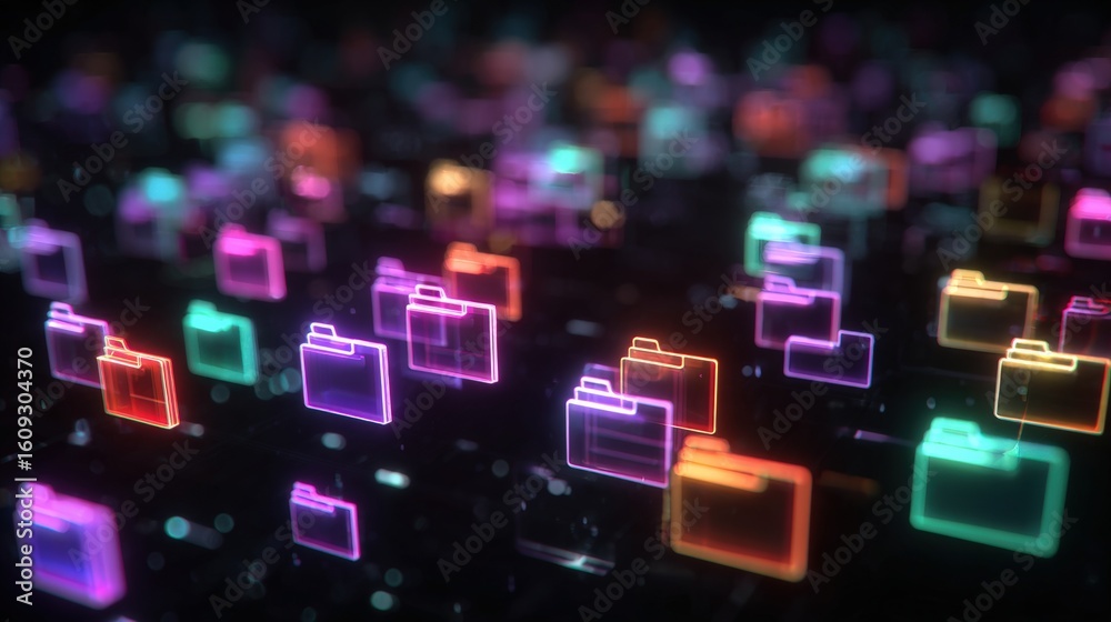 Poster abstract network grid with files and folders, futuristic software interface, digital document manage