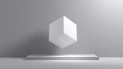 Floating white cube with soft drop shadow on monochrome backdrop.