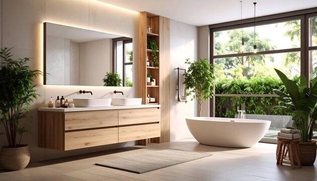 Serene bathroom retreat blending natural elements with modern design for relaxation and well-being - Powered by Adobe