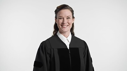 Woman in academic dress smiles against a white backdrop in a studio shot