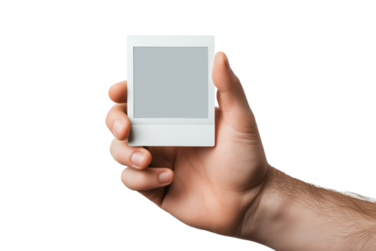 Hand holding a blank instant photo with grey screen isolated on a transparent background picture