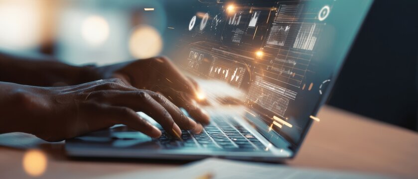The Person Typing on a Laptop with Dynamic Digital Graphics Floating Above