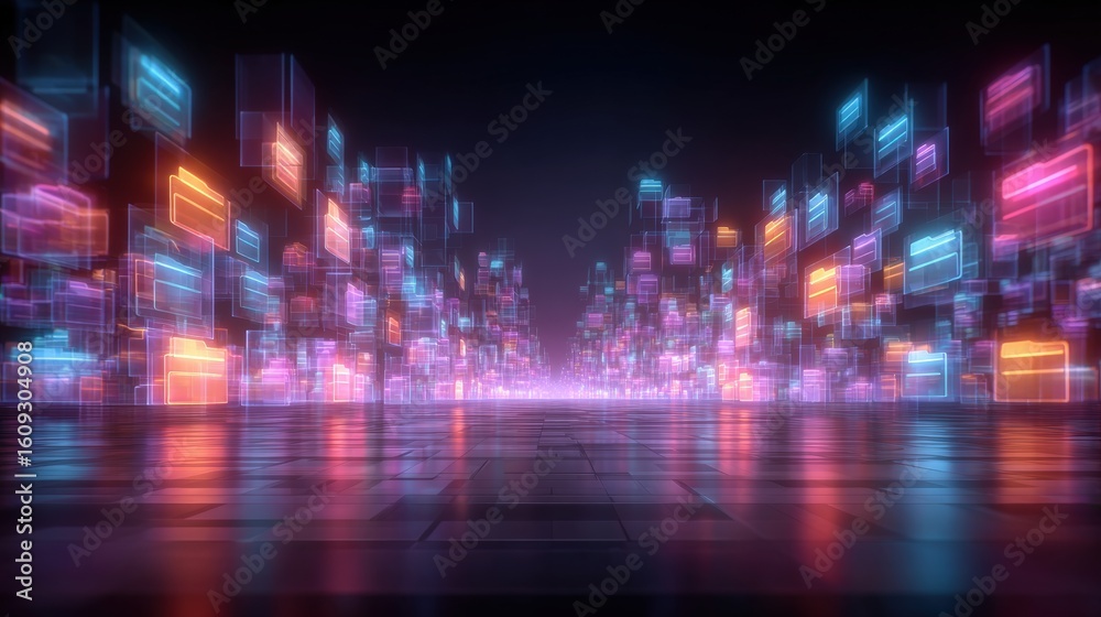 Poster abstract network grid with files and folders, futuristic software interface, digital document manage