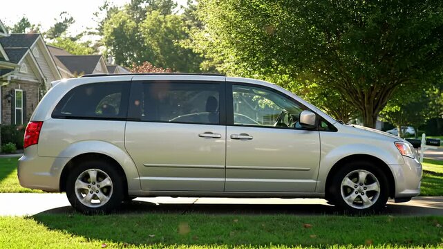 Silver minivan parked on driveway next to green lawn, trees, and residential houses