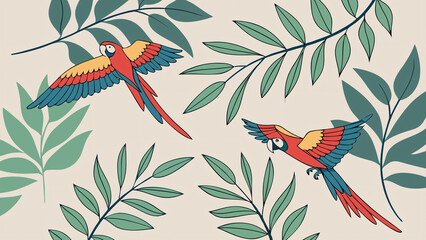 Tropical Parrots With Red Blue