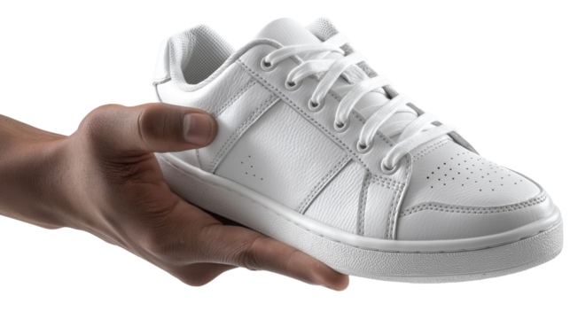 Hand holding a white leather sneaker with white laces and stitching isolated on a transparent background