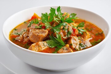 Delicious tochitur pork stew served with herbs and spices on a white background perfect for a home-cooked meal or traditional cuisine presentation